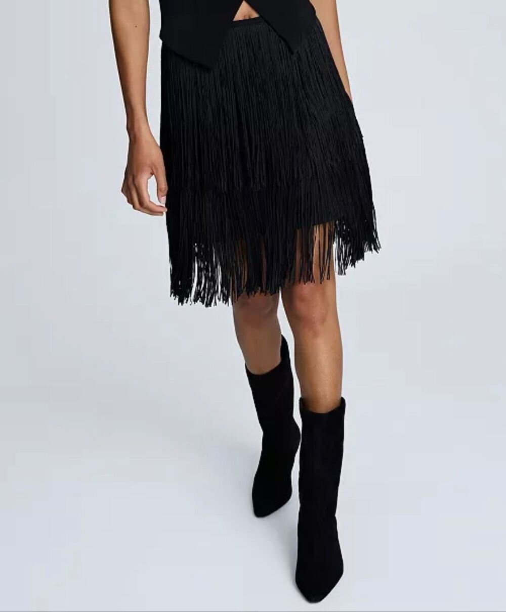 Kenneth Cole Playful Western Chic Tiered Fringe Back-Zip Mini Skirt Black 0